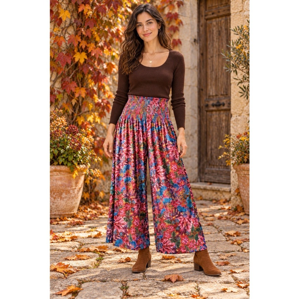 Natural Life Crushed Velvet Palazzo Pant S Floral Multicolor Boho Artsy Flowy